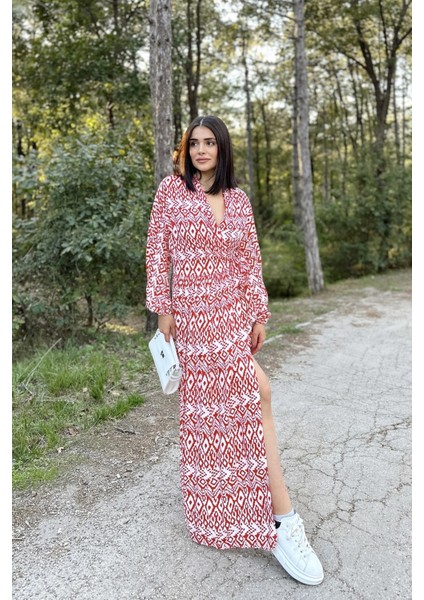 Kadın Kırmızı & Ekru Kruvaze Yaka, Yırtmaçlı, Beli Kuşaklı, Bilekleri Lastikli, Salaş, Uzun Elbise indirimleri