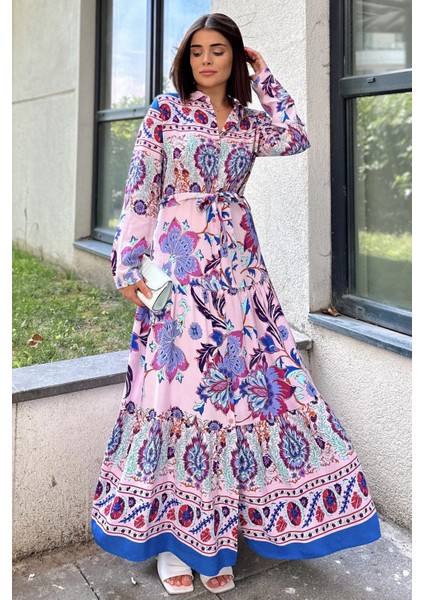 Kadın Pembe & Mavi Gömlek Yaka, Uzun Kol, Eteği Pliseli, Beli Kuşaklı, Salaş Kesim, Uzun Elbise
