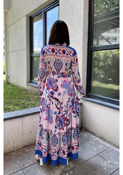 Kadın Pembe & Mavi Gömlek Yaka, Uzun Kol, Eteği Pliseli, Beli Kuşaklı, Salaş Kesim, Uzun Elbise modelleri