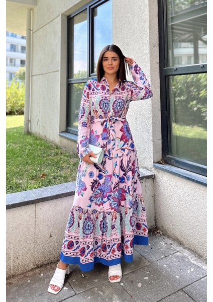 Kadın Pembe & Mavi Gömlek Yaka, Uzun Kol, Eteği Pliseli, Beli Kuşaklı, Salaş Kesim, Uzun Elbise indirimleri