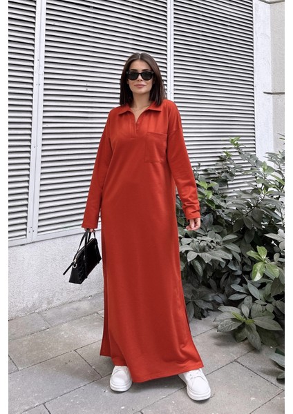 Kadın Kırmızı Polo Yaka, Uzun Kol, Cepli, Yırtmaçlı, Salaş, Maksi Boy, Örme Elbise modelleri