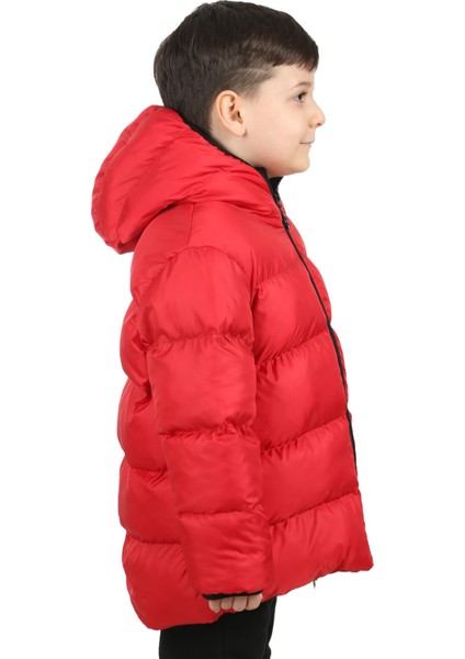 Erkek Çocuk Kırmızı Içi Polarlı Kapüşonlu Su Geçirmez Rüzgara Dayanıklı Şişme Kışlık Mont & Kaban