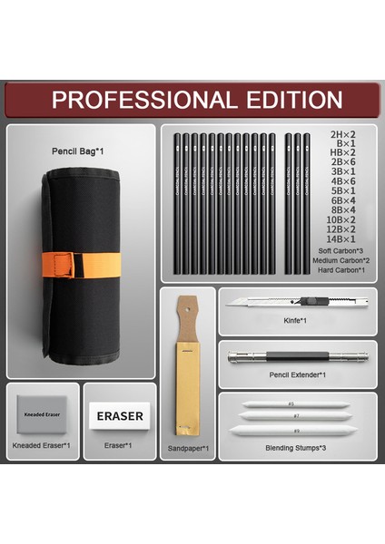 Pro (47 Parça) 27/38/47 Parça Eskiz Kalem Seti Roll Up Kanvas Kalem Çantası Sanat Çizim Boyama Kömürler Yoğurma Silgi Eskiz Seti (Yurt Dışından)