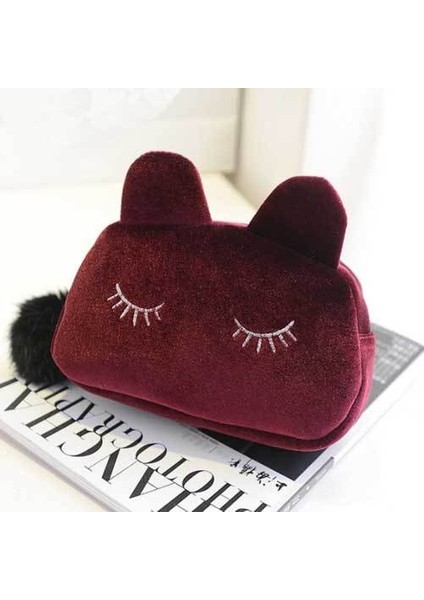 Kırmızı Şarap Sevimli Kedi Kalem Kutusu Okul Malzemeleri Peluş Kürk Topu Kızlar Için Kalem Kutusu Tüy Yumağı Kalem Çantası Kawaii Kalem Kutusu (Yurt Dışından)