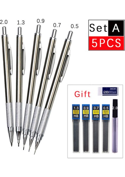 Resim Olarak Set A 5 Adet Metal Mekanik Kalem Seti 0.3/0.5/0.7/0.9/1.3/2.0mm Sanat Otomatik Kalem Çizim Tasarım Malzemeleri Ücretsiz Silgi ve Talepler (Yurt Dışından) fiyatları
