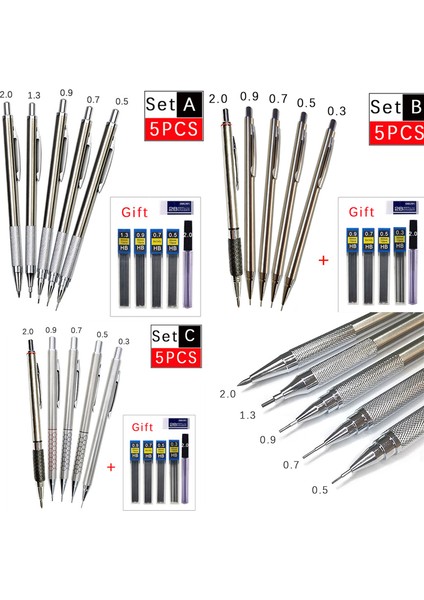Resim Olarak Set A 5 Adet Metal Mekanik Kalem Seti 0.3/0.5/0.7/0.9/1.3/2.0mm Sanat Otomatik Kalem Çizim Tasarım Malzemeleri Ücretsiz Silgi ve Talepler (Yurt Dışından) fırsatları