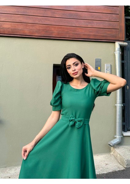 Yeşil Rengi Karpuz Kol Kloş Krep Elbise modelleri