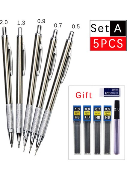 Gösterildiği Gibi Set A 5 Adet Metal Mekanik Kurşun Kalem Seti Uçlu 0.3/0.5/0.7/0.9/1.3/2.0mm Sanat Çizim Kalemi 2b Uçlu Paslanmaz Çelik Malzemeler Kalem (Yurt Dışından) fiyatları