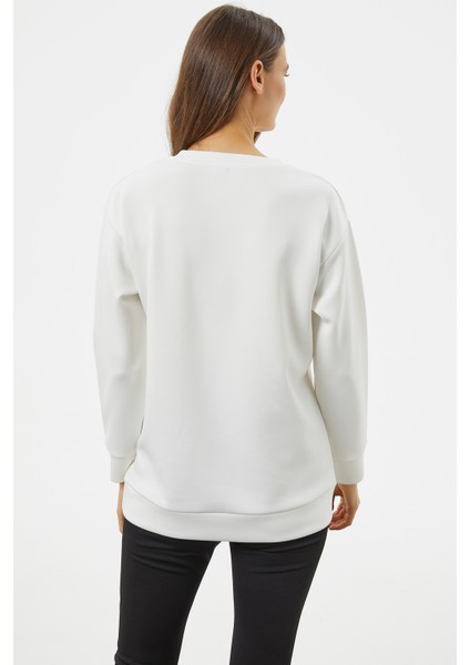 Fermuarlı Rahat Kalıp Sweatshirt - Ekru