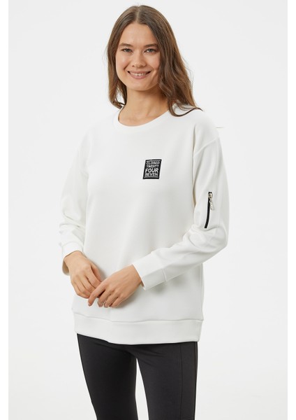 Fermuarlı Rahat Kalıp Sweatshirt - Ekru