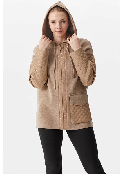 Kapüşonlu Kapitone Detaylı Triko Ceket - Sütlü Kahve