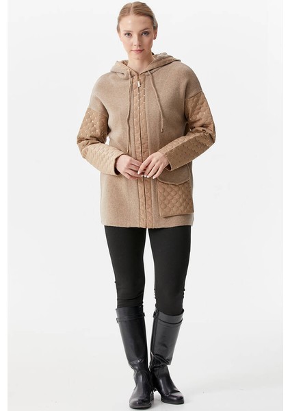 Kapüşonlu Kapitone Detaylı Triko Ceket - Sütlü Kahve modelleri