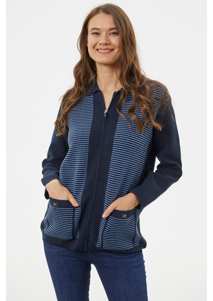 Kalın Fermuarlı Cep Detaylı Triko Hırka - Lacivert