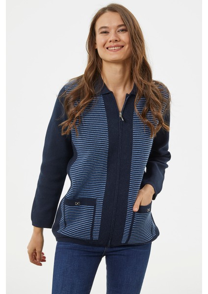 Kalın Fermuarlı Cep Detaylı Triko Hırka - Lacivert fiyatları