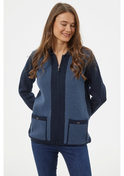 Kalın Fermuarlı Cep Detaylı Triko Hırka - Lacivert modelleri