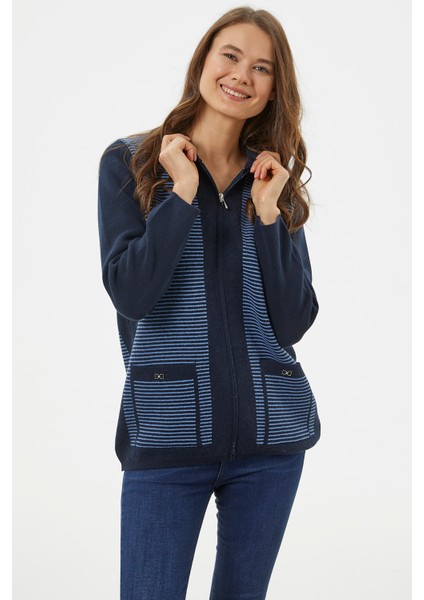 Kalın Fermuarlı Cep Detaylı Triko Hırka - Lacivert fırsatları