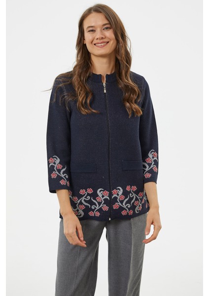 Çiçek Desen Detaylı Yünlü Triko Hırka - Lacivert fiyatları