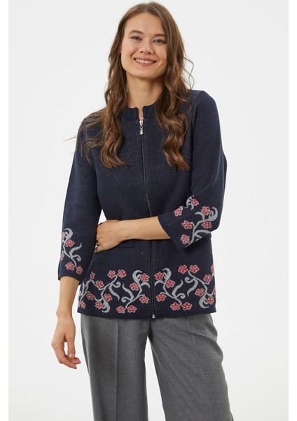 Çiçek Desen Detaylı Yünlü Triko Hırka - Lacivert modelleri