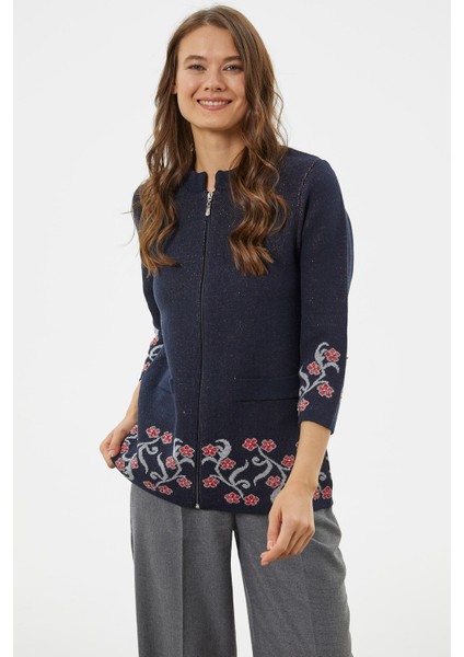 Çiçek Desen Detaylı Yünlü Triko Hırka - Lacivert fırsatları