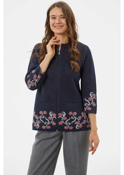 Çiçek Desen Detaylı Yünlü Triko Hırka - Lacivert indirimleri