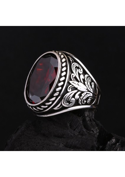 925 Ayar Gümüş Ruby Taşlı Yaprak Desenli Erkek Yüzük