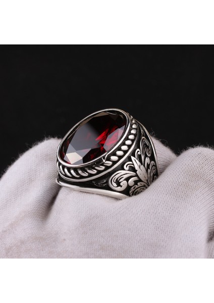 925 Ayar Gümüş Ruby Taşlı Yaprak Desenli Erkek Yüzük