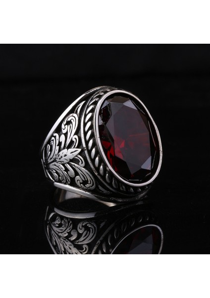 925 Ayar Gümüş Ruby Taşlı Yaprak Desenli Erkek Yüzük