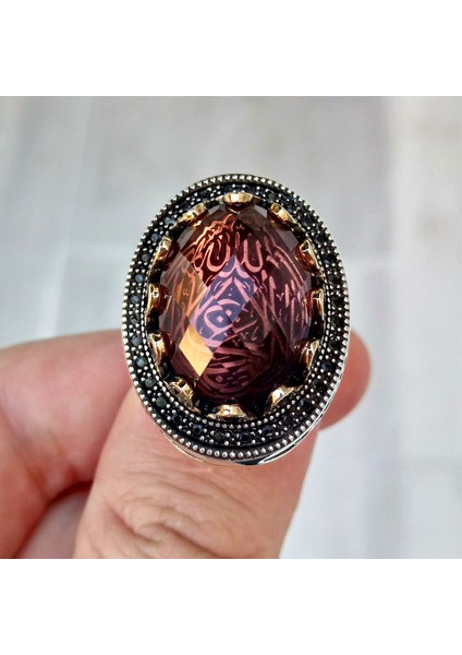 Zultanit Taşlı La Galibe Illallah Yazılı Mikro Taş Işlemeli Erkek Yüzük