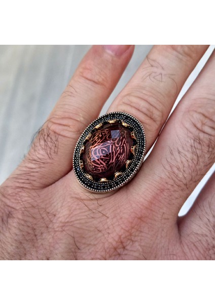 Zultanit Taşlı La Galibe Illallah Yazılı Mikro Taş Işlemeli Erkek Yüzük fırsatları