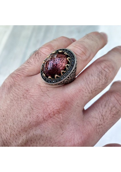 Zultanit Taşlı La Galibe Illallah Yazılı Mikro Taş Işlemeli Erkek Yüzük indirimleri