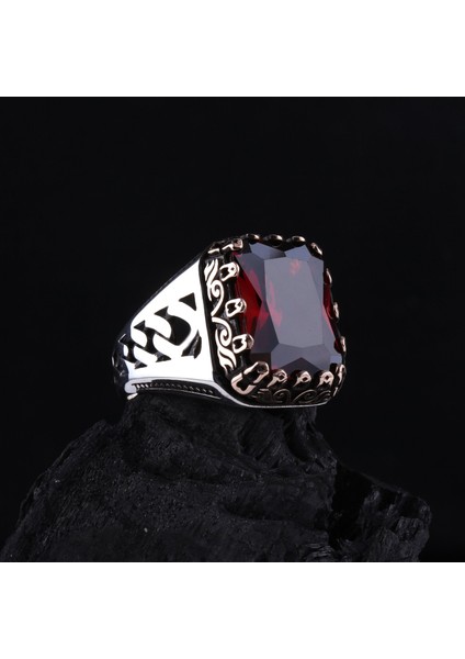 925 Ayar Gümüş Kırmızı Taşlı Gurmet Desenli Erkek Yüzük fiyatları