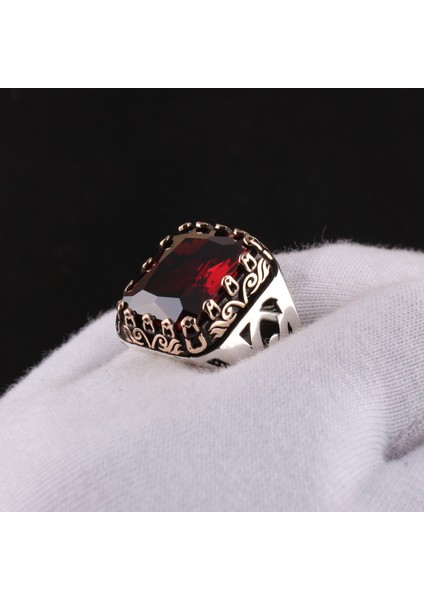925 Ayar Gümüş Kırmızı Taşlı Gurmet Desenli Erkek Yüzük modelleri
