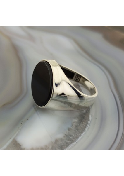 Yuvarlak Siyah Oniks Taşlı Erkek Yüzük