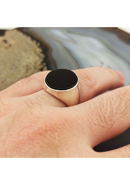 Yuvarlak Siyah Oniks Taşlı Erkek Yüzük modelleri