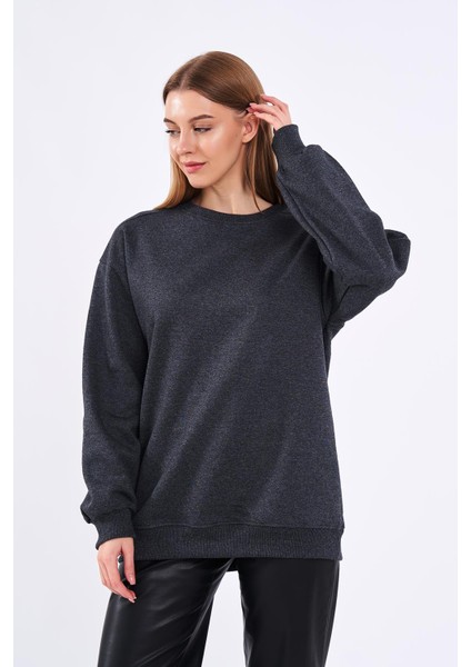 Antrasit Kadın Pamuklu Oversize Basic Bisiklet Yaka Sweatshirt