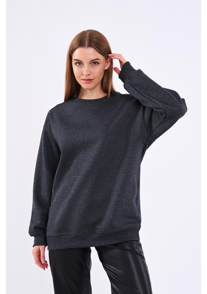 Antrasit Kadın Pamuklu Oversize Basic Bisiklet Yaka Sweatshirt