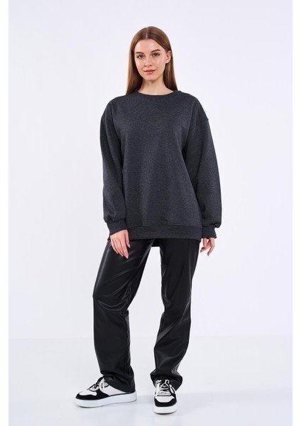 Antrasit Kadın Pamuklu Oversize Basic Bisiklet Yaka Sweatshirt