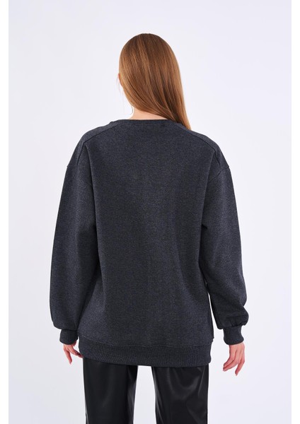 Antrasit Kadın Pamuklu Oversize Basic Bisiklet Yaka Sweatshirt