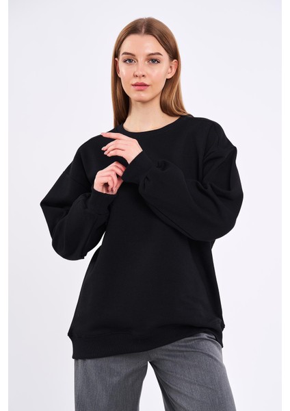Kadın Siyah Pamuklu Oversize Basic Bisiklet Yaka Sweatshirt