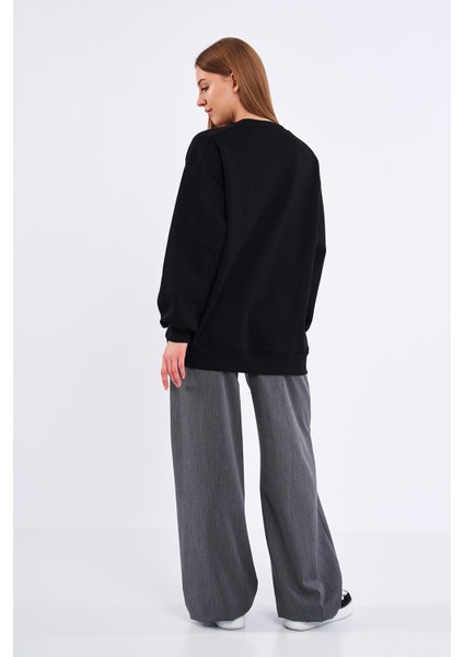 Kadın Siyah Pamuklu Oversize Basic Bisiklet Yaka Sweatshirt