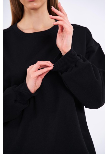 Kadın Siyah Pamuklu Oversize Basic Bisiklet Yaka Sweatshirt
