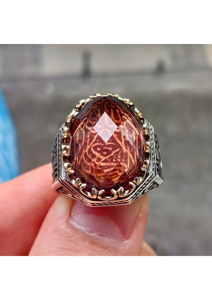 Zultanit Taşlı La Galibe Illallah Yazılı Hilal Işlemeli Gümüş Erkek Yüzük