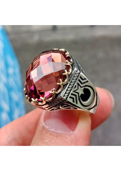 Zultanit Taşlı La Galibe Illallah Yazılı Hilal Işlemeli Gümüş Erkek Yüzük modelleri