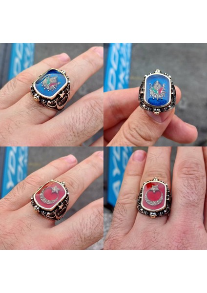 925 Ayar Gümüş Ay Yıldız ve Osmanlı Armalı Çift Taraflı Erkek Yüzük