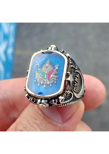 925 Ayar Gümüş Ay Yıldız ve Osmanlı Armalı Çift Taraflı Erkek Yüzük indirimleri