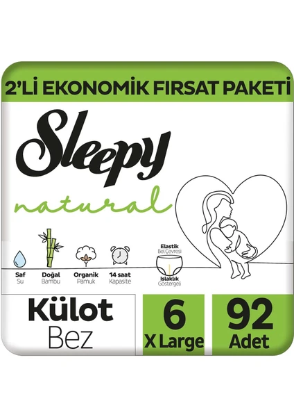 Natural 2'li Ekonomik Fırsat Paketi Külot Bez 6 Numara Xlarge 92 Adet