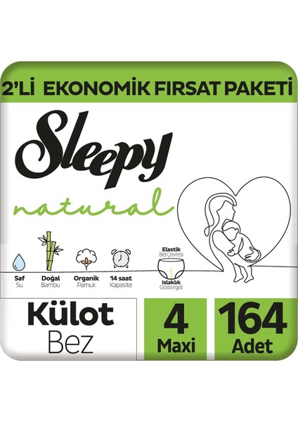 Natural 2'li Ekonomik Fırsat Paketi Külot Bez 4 Numara Maxi 164 Adet