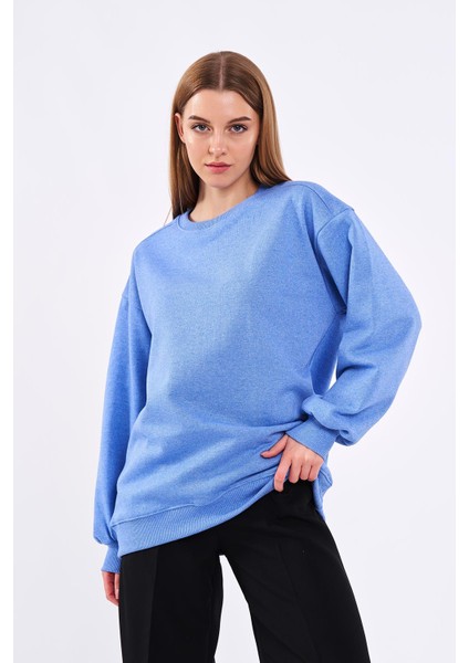 Mavi Kadın Pamuklu Oversize Basic Bisiklet Yaka Sweatshirt