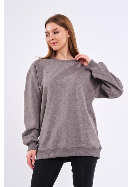 Kahve Kadın Pamuklu Oversize Basic Bisiklet Yaka Sweatshirt