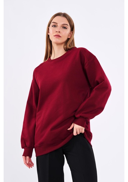 Bordo Kadın Pamuklu Oversize Basic Bisiklet Yaka Sweatshirt